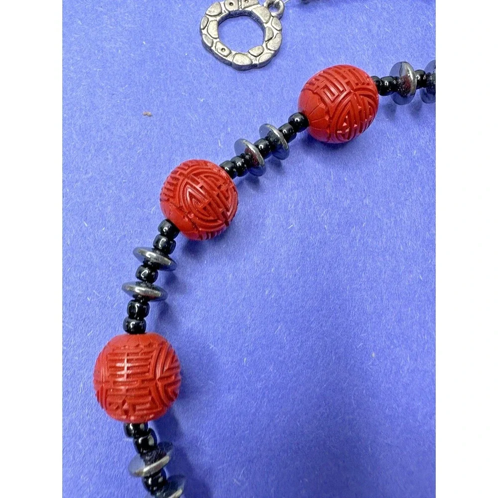 Cinnabar Hand Carved Necklace Red Beads Dangle Hematite Black Quartz ‎ 22